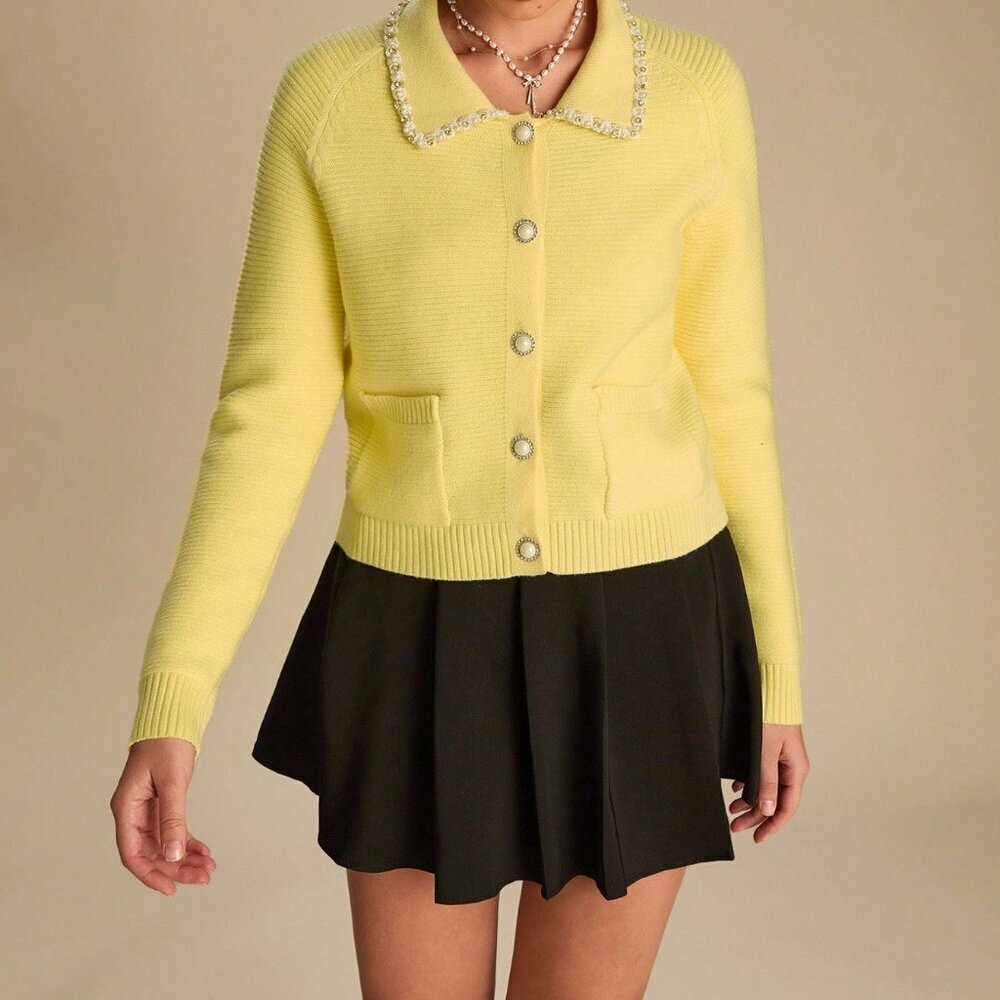 Yellow Elegant Women's Beaded Sequin Cardigan Sweater